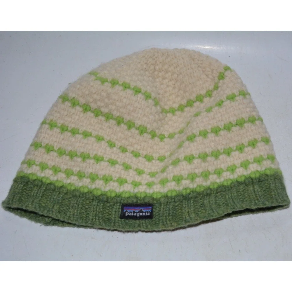Patagonia Thick Beanie Women's One Size Green Cream Wool Knit Fleece Lined – Use